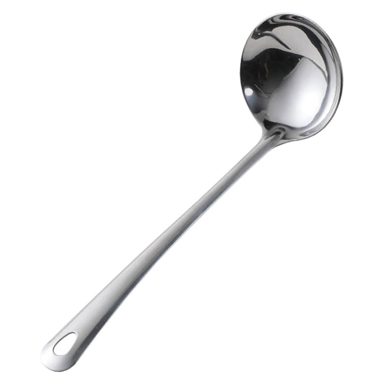 Stainless steel ladle with long handle.