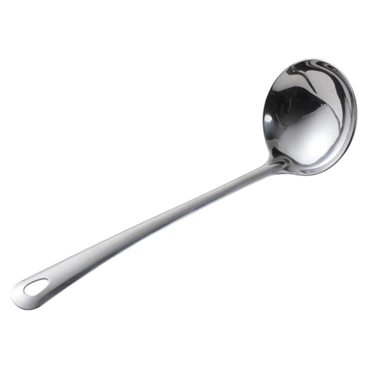 Stainless steel kitchen ladle on white background.