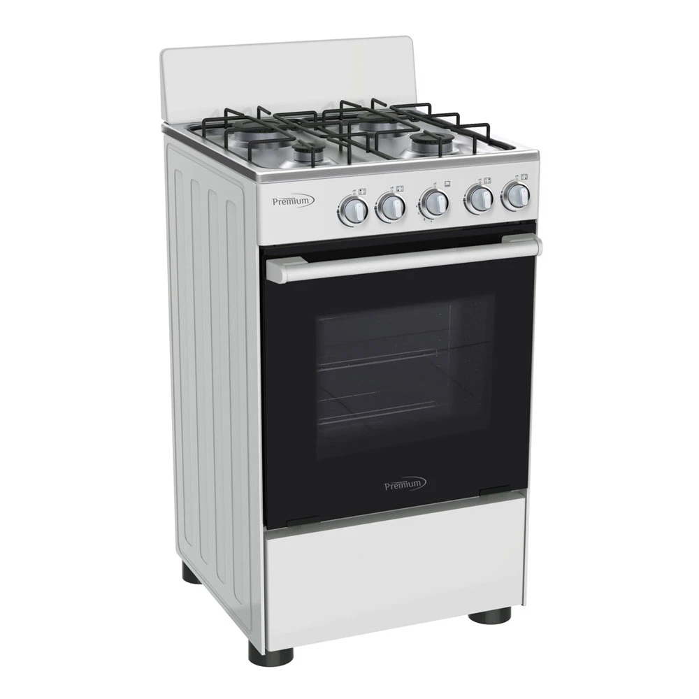 White freestanding gas stove with four burners and oven