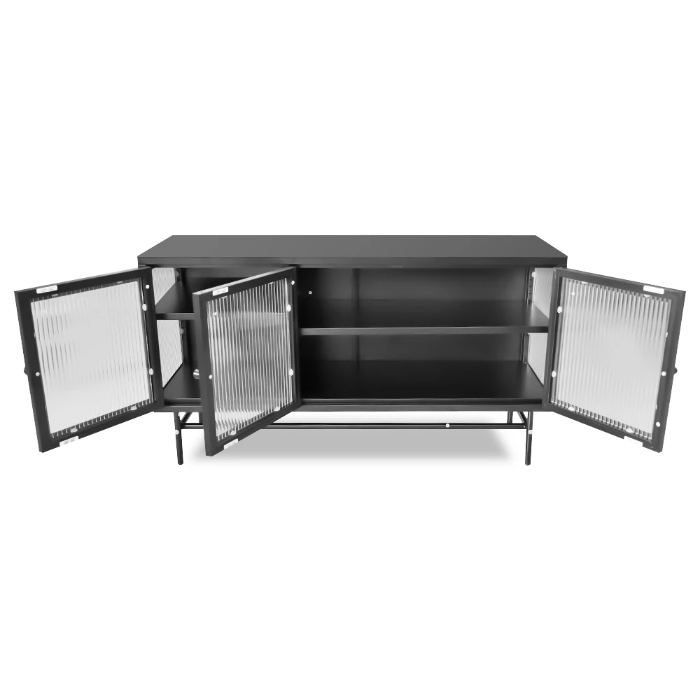 Black cabinet with three open doors