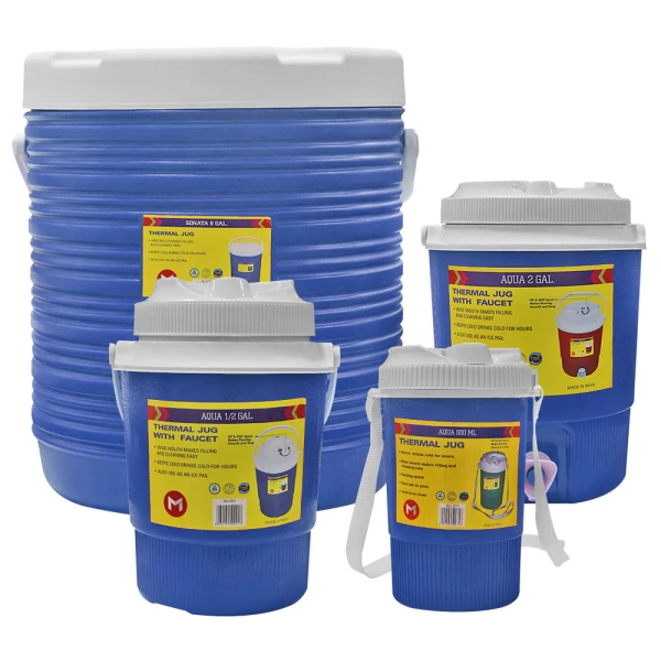  Four blue insulated jugs in various sizes.
