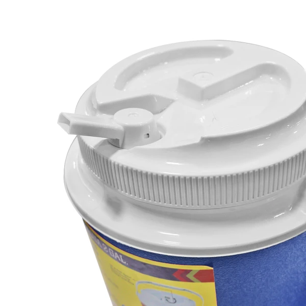 Close-up of an insulated jug's white lid and spout.