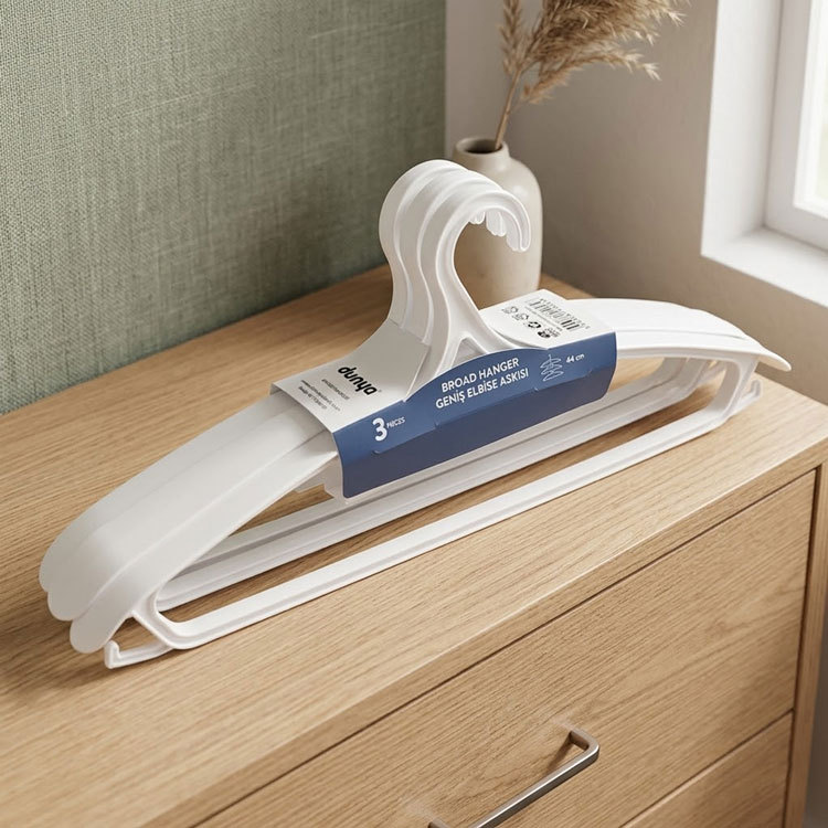 3-pack white plastic broad shoulder clothes hangers.