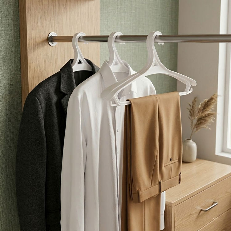 White hangers holding a suit jacket and trousers.