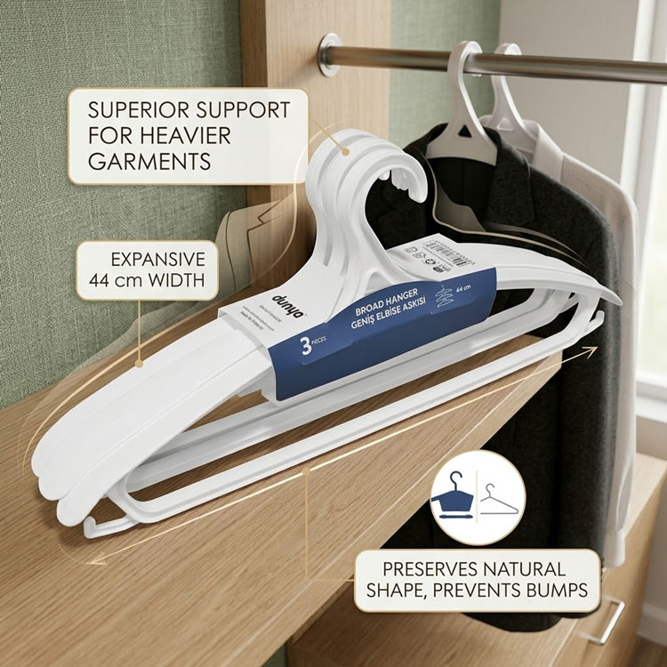 44cm broad plastic hanger with garment support features.