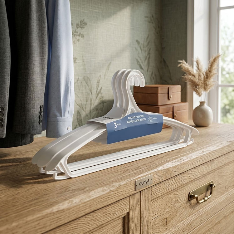 White Dunya plastic hangers for coats and suits.