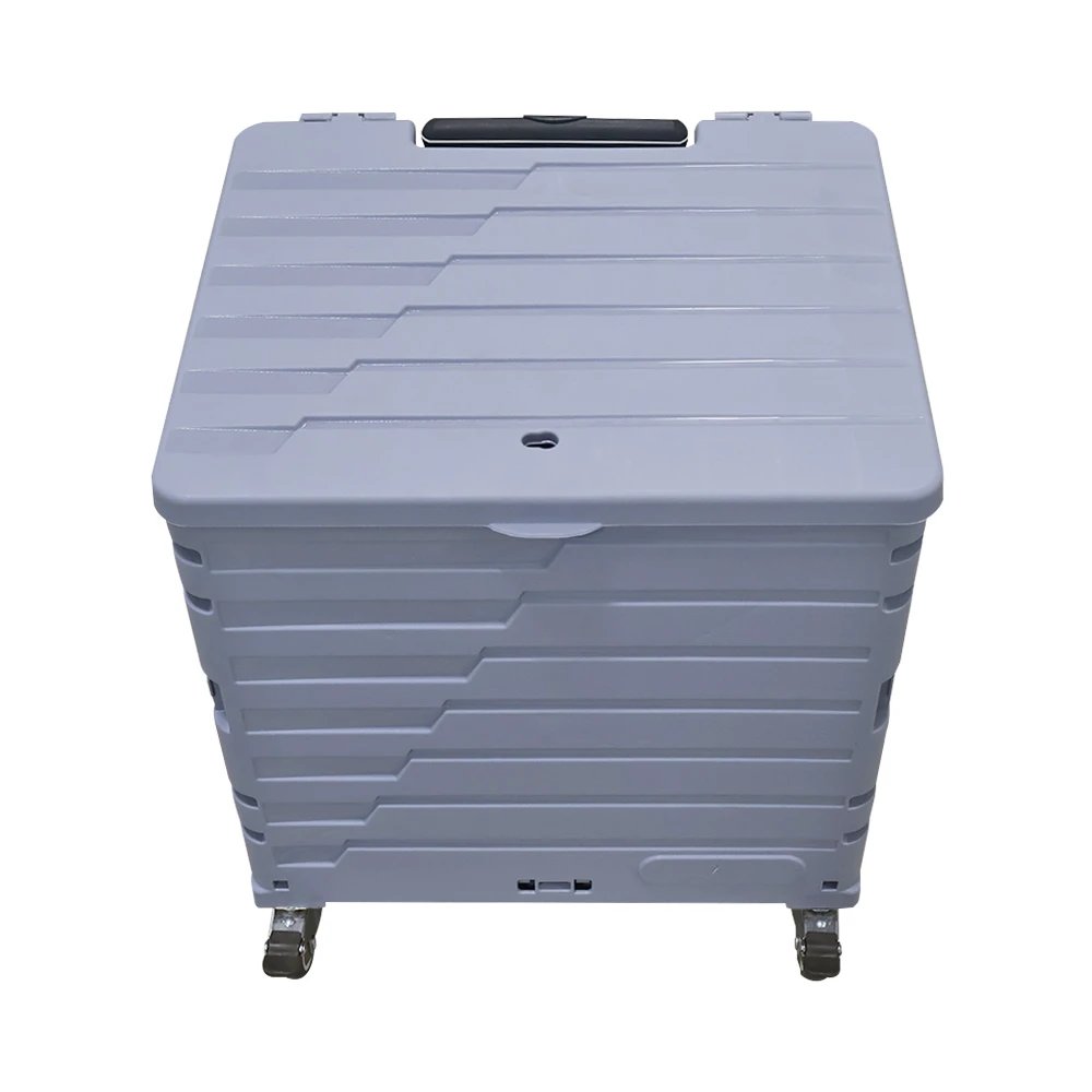 Large plastic organizer with wheels, lid, and handle