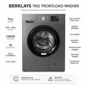 BERKLAYS 7KG FRONT LOAD WASHER INVERTER GREY 110V/60HZ | BW07105SR.16 - Image 