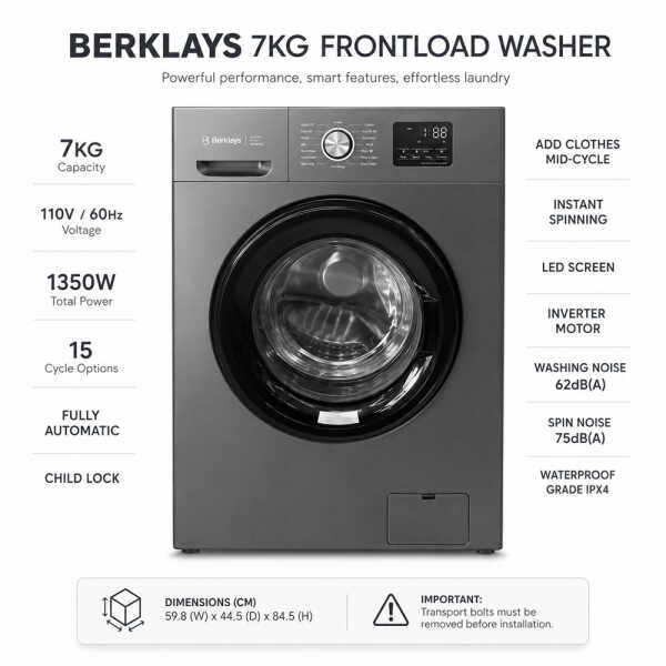 BERKLAYS 7KG FRONT LOAD WASHER INVERTER GREY 110V/60HZ | BW07105SR.16 - Image 