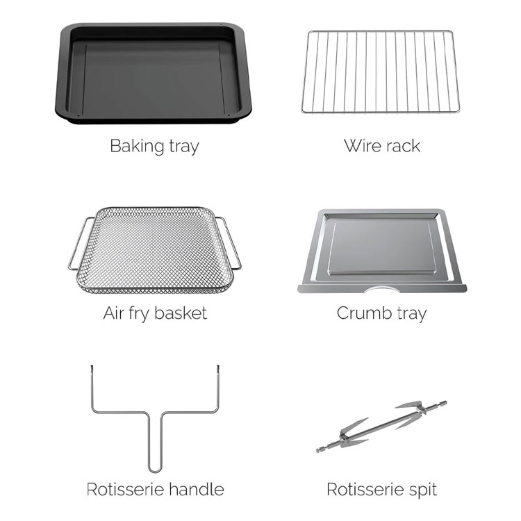 Moi Digital Air fryer oven accessories: tray, rack, basket, rotisserie.