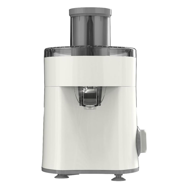 Front view of the white and gray Möi juicer machine.