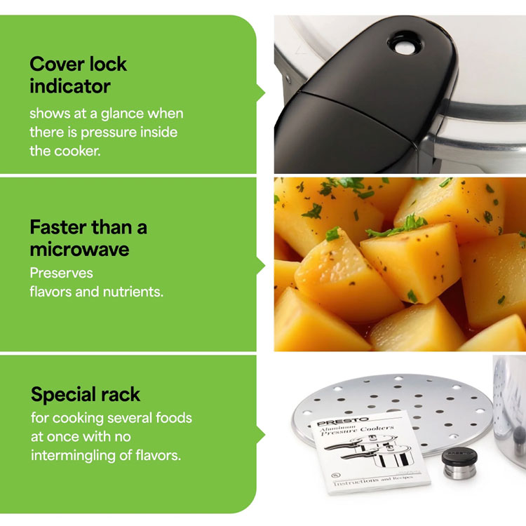 Pressure cooker safety lock, special rack, and cooking speed.