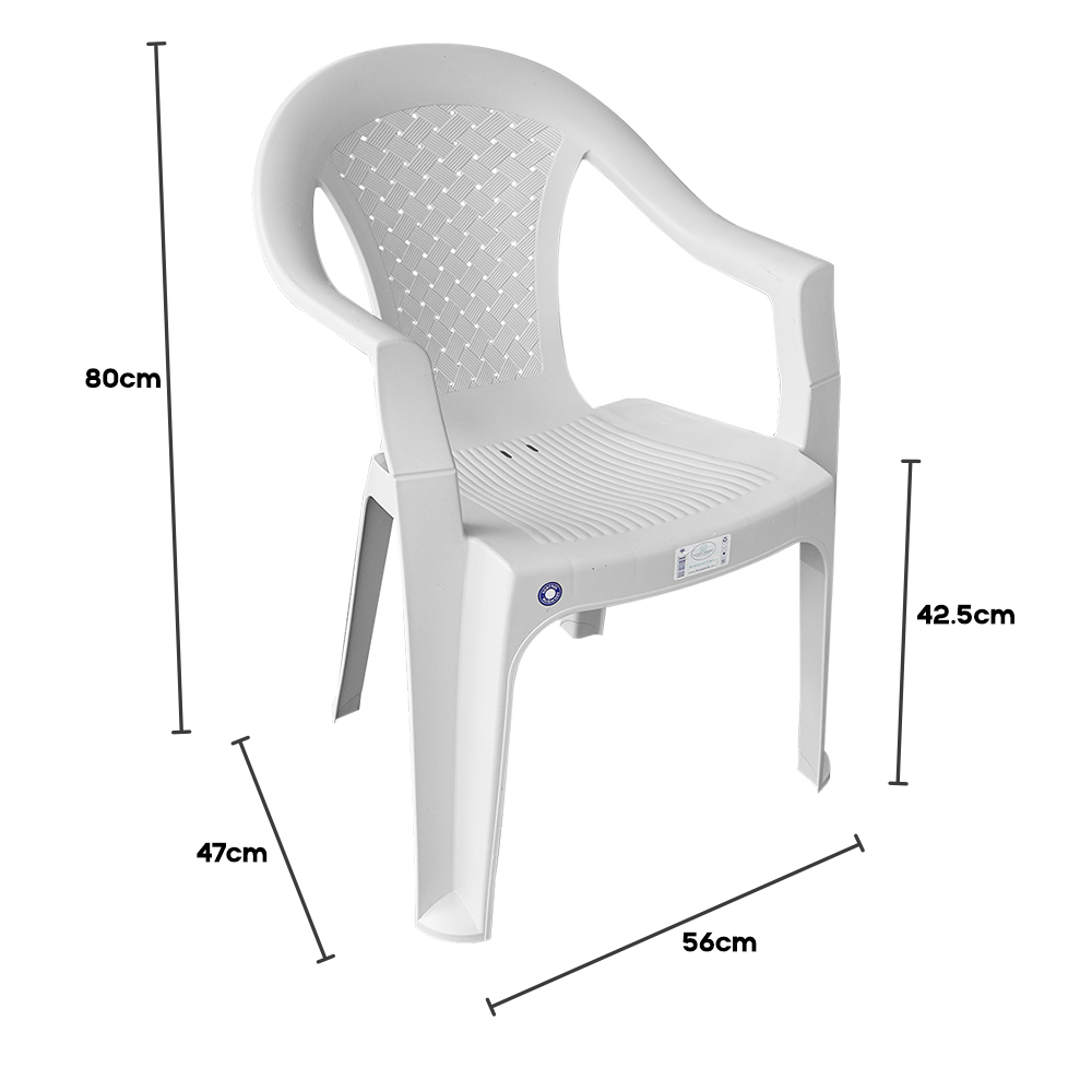 White plastic patio chair dimensions W56 D47 H80 cm.