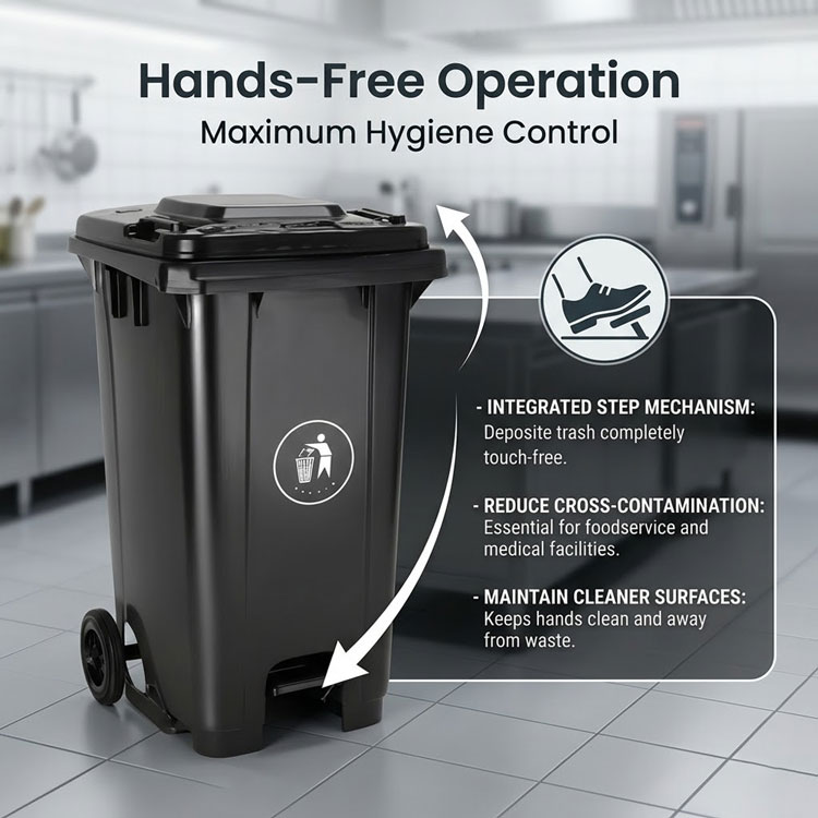 Infographic showing hands-free pedal operation on a kitchen trash bin.