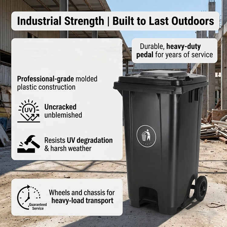 Heavy-duty outdoor industrial waste bin built for harsh weather.