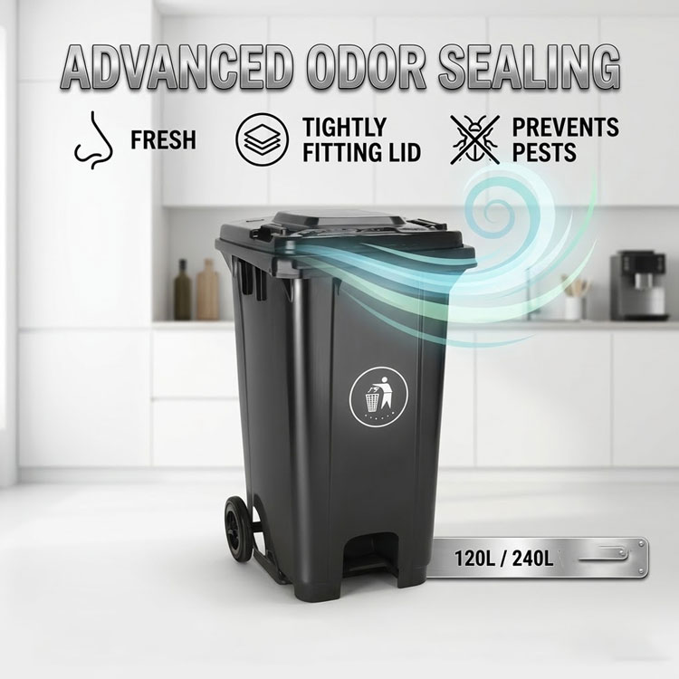 Odor-sealed pedal trash bin preventing pests in a clean kitchen.