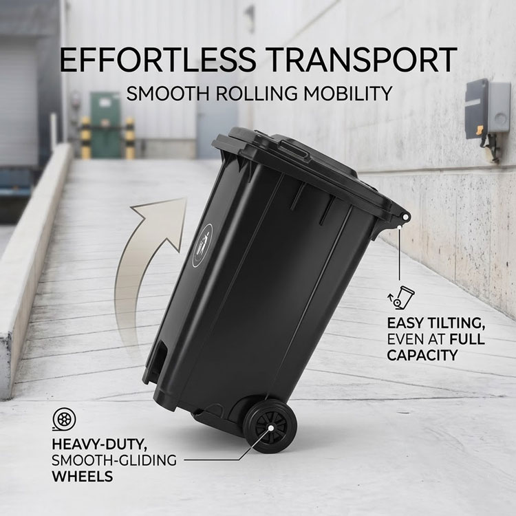 Tilted wheeled roll-out trash bin moving smoothly on a concrete ramp.