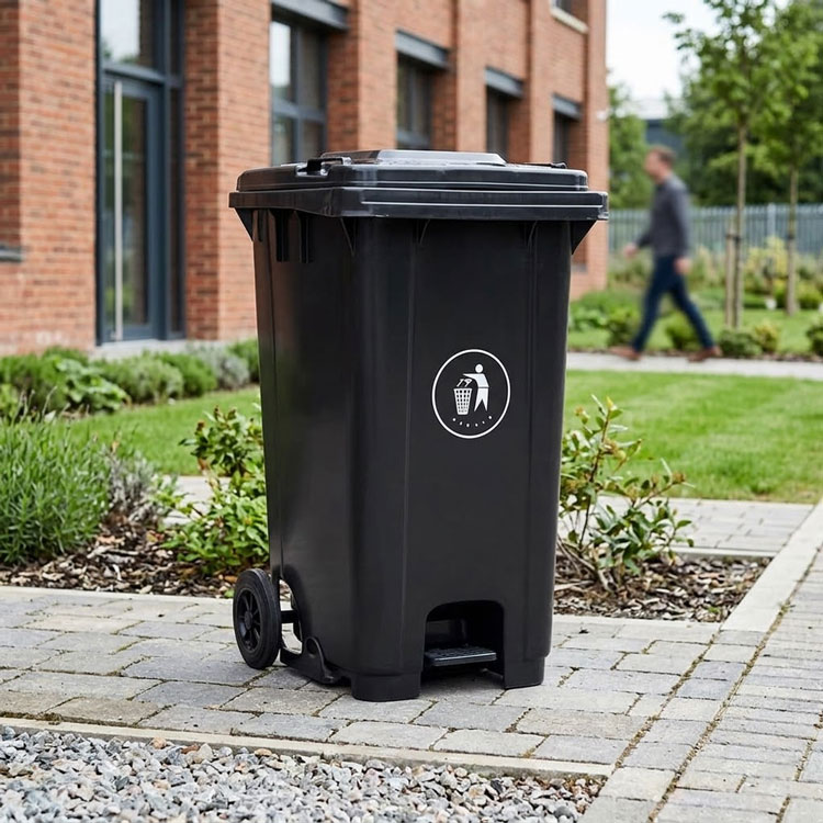 Black wheeled pedal waste bin outside a brick building.