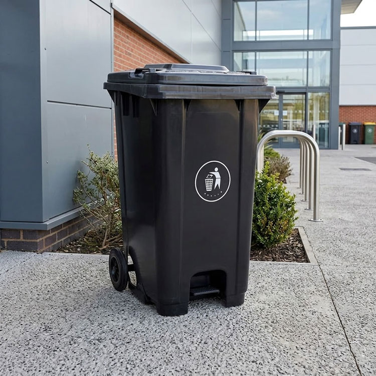 Large black industrial trash bin with wheels outside a facility.