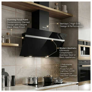BERKLAYS RANGE HOOD 90CM BLACK GLASS | BH90SLANT.16 BLACK - Image 