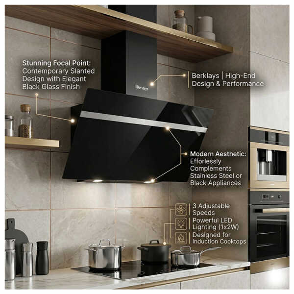 BERKLAYS RANGE HOOD 90CM BLACK GLASS | BH90SLANT.16 BLACK - Image 