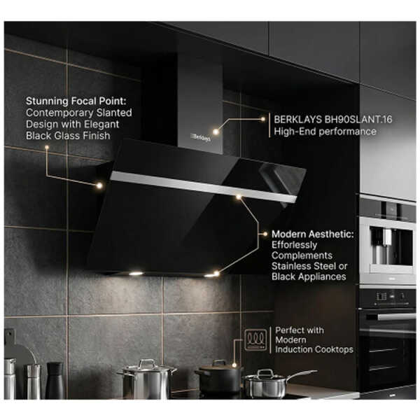 BERKLAYS RANGE HOOD 90CM BLACK GLASS | BH90SLANT.16 BLACK - Image 