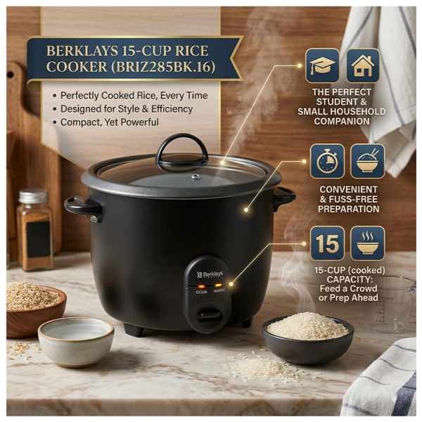 BERKLAYS 15 CUPS BLACK RICE COOKER | BRIZ285BK.16 - Image 