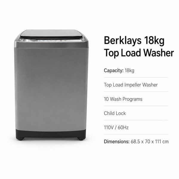 BERKLAYS 18KG TOPLOAD WASHER WITH IMPELLER 110V | BW18TOPSR - Image 