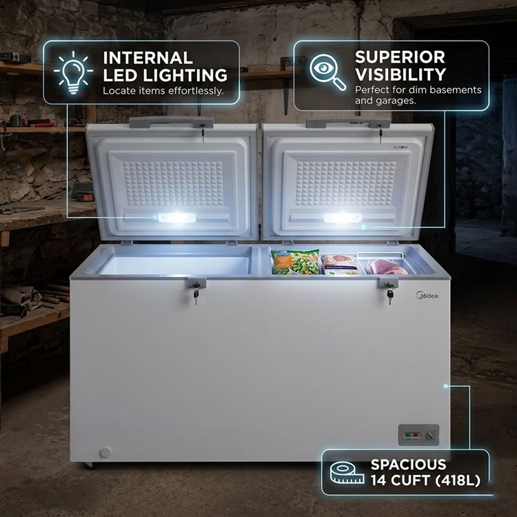 Midea chest freezer internal LED lighting in garage.