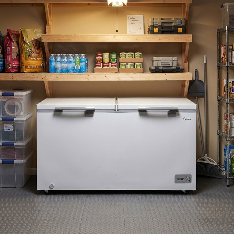 Midea 14 cu ft chest freezer in garage.
