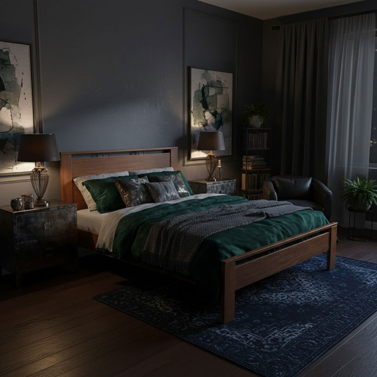 PARTO queen size wooden bed in dark bedroom.