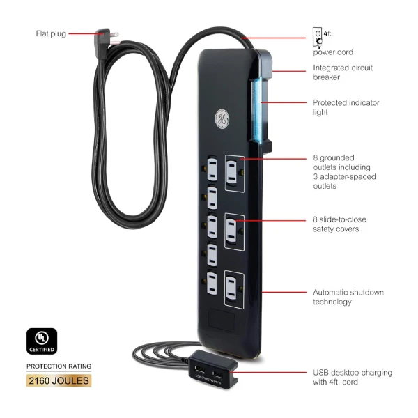 GE 8-OUTLET SURGE PROTECTOR W/ USB TETHER 4FT CORD BLACK | 34117 - Image 