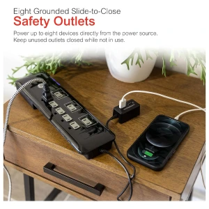 GE 8-OUTLET SURGE PROTECTOR W/ USB TETHER 4FT CORD BLACK | 34117 - Image 