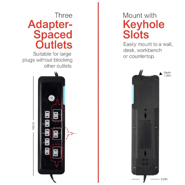 GE 8-OUTLET SURGE PROTECTOR W/ USB TETHER 4FT CORD BLACK | 34117 - Image 