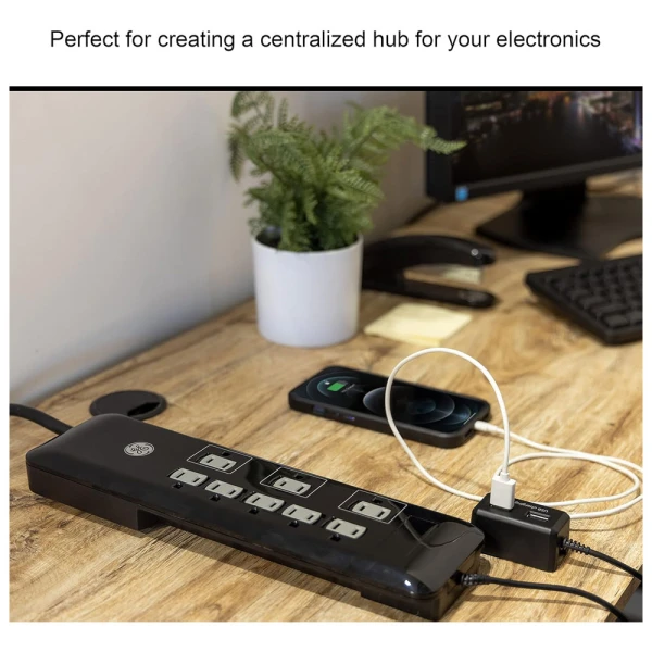 GE 8-OUTLET SURGE PROTECTOR W/ USB TETHER 4FT CORD BLACK | 34117 - Image 