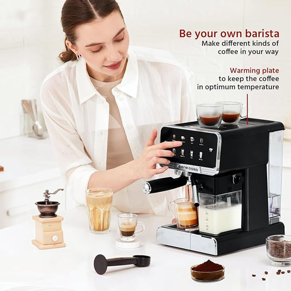 Modern espresso machine with freshly brewed espresso