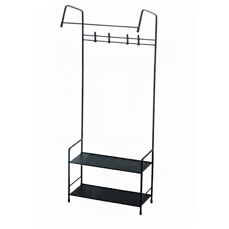 Black metal laundry rack, hooks, two shelves, empty