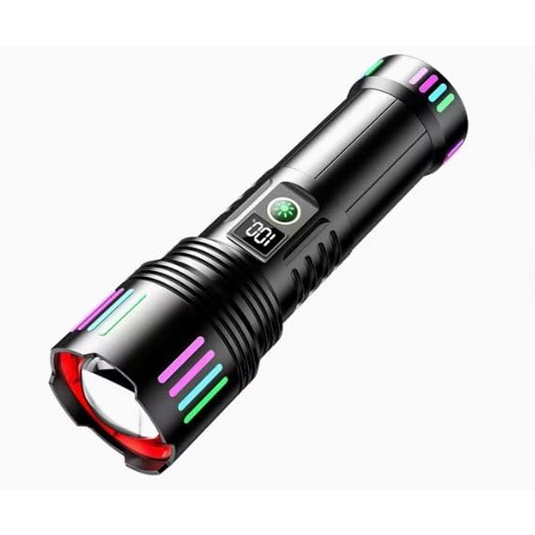Black aluminum alloy flashlight with digital power display