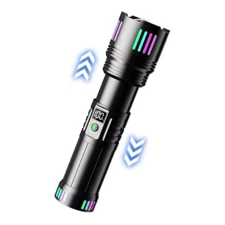 Black zoom flashlight with power display and zoom arrows