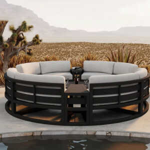 OUTDOOR FURNITURE SET 7 PIECES (4 CURVED TWO SEATERS/ 1 ROUND COFFEE TABLE/1 TRIANGULAR SIDE TABLE) | KM1344 - Image 