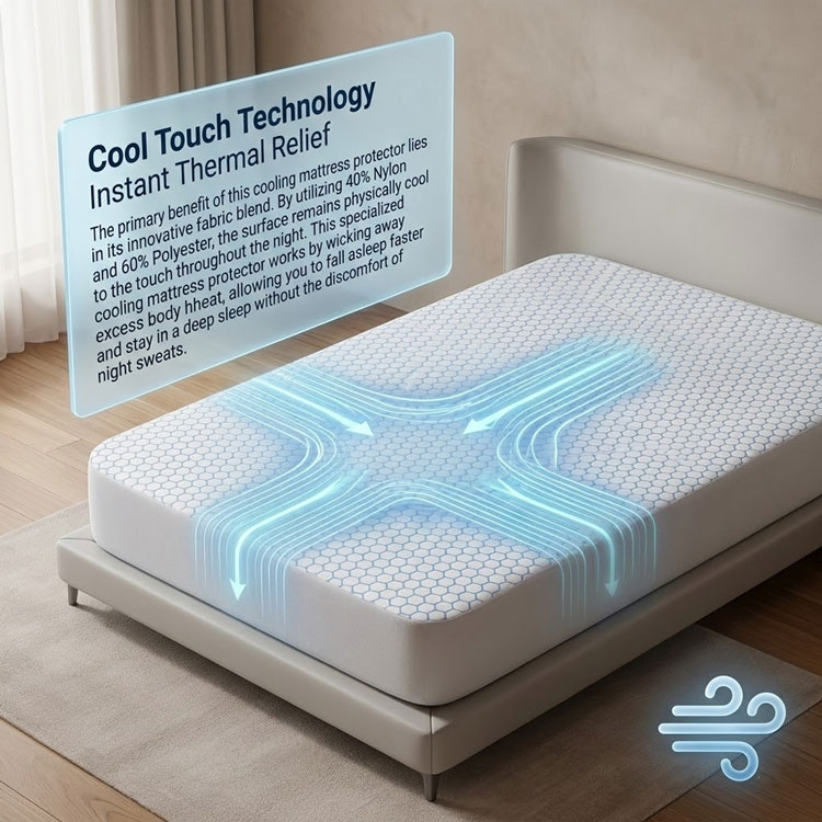 Cooling mattress protector with thermal relief airflow diagram.