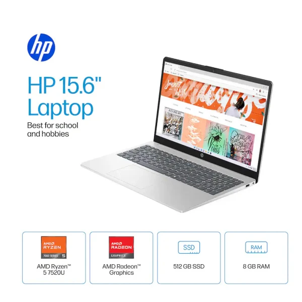 HP 15.6" AMD RYZEN 5 7520U 8GB RAM, 512GB SSD, W11, SILVER LAPTOP | 15-FC0146 - Image 