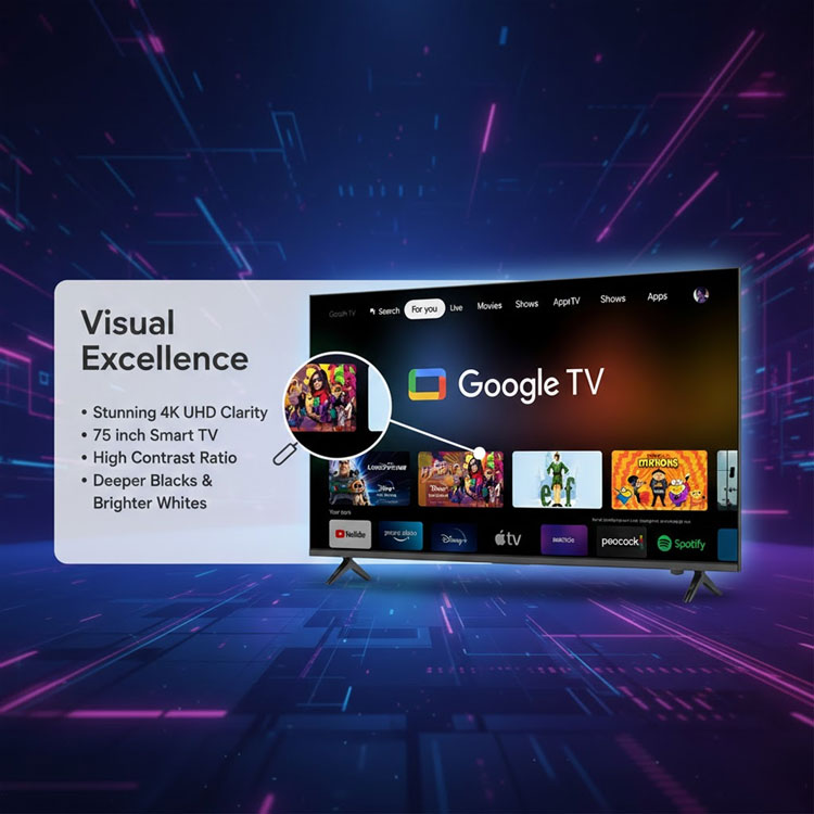 Mitsumi 75 inch 4K Smart TV visual features.