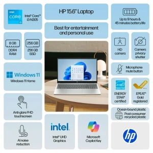 HP 15.6" FHD TOUCHSCREEN LAPTOP i3-N305 8GB 256SSD WINDOWS 11 MOONLIGHT BLUE | B9RY5UA#ABA - Image 
