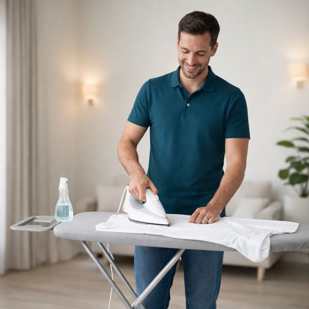 Man using grey ironing board in living room