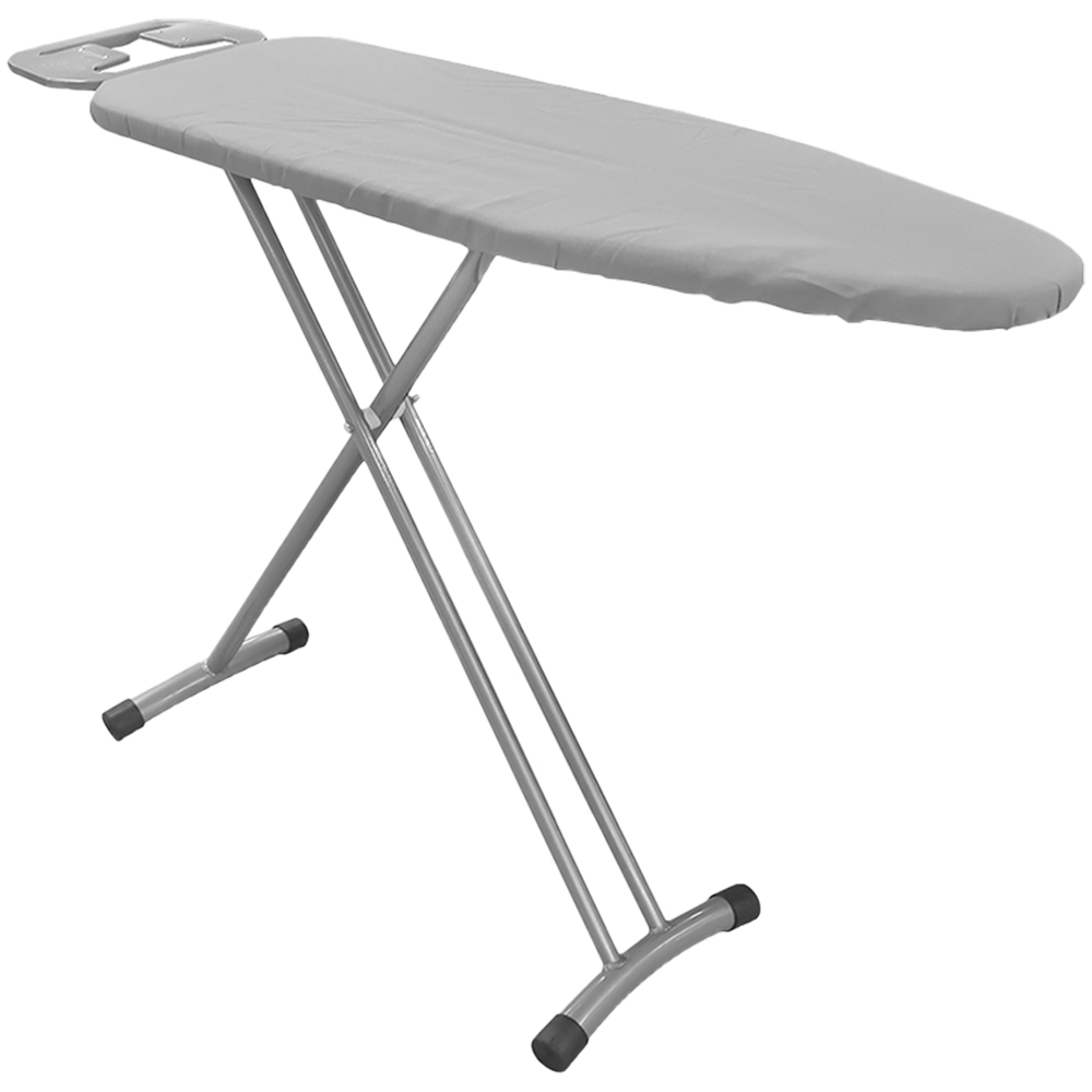 Grey foldable ironing board with built-in iron rest