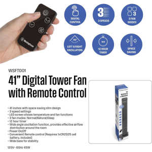 WESTINGHOUSE OSCILLATING TOWER FAN 41" W/REMOTE, BLACK | FT001 - Image 