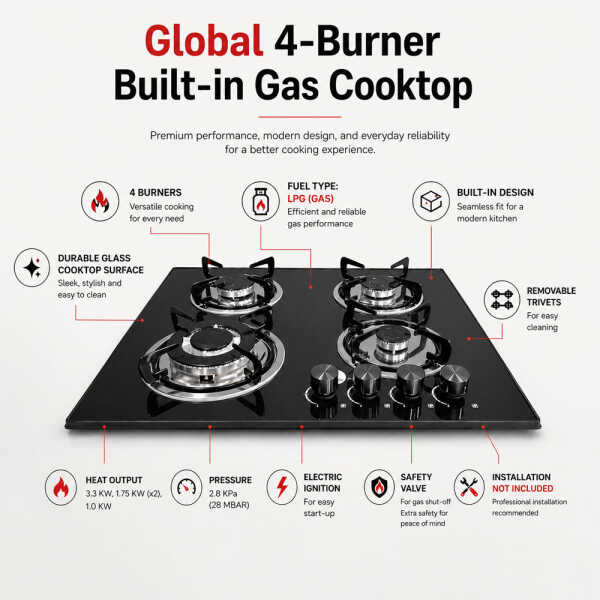 GLOBAL 24" BUILT-IN 4 BURNERS GLASS COOKTOP | L0905003 - Image 