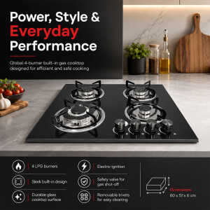 GLOBAL 24" BUILT-IN 4 BURNERS GLASS COOKTOP | L0905003 - Image 