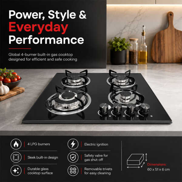 GLOBAL 24" BUILT-IN 4 BURNERS GLASS COOKTOP | L0905003 - Image 